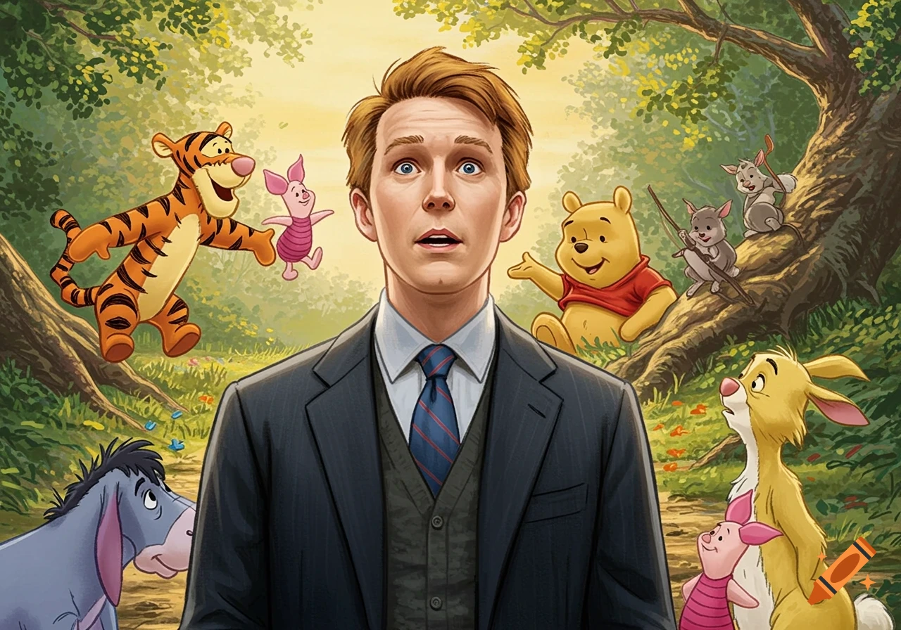 Christopher Robin in a suit looking surprised with Winnie the Pooh characters in the Hundred Acre Wood.