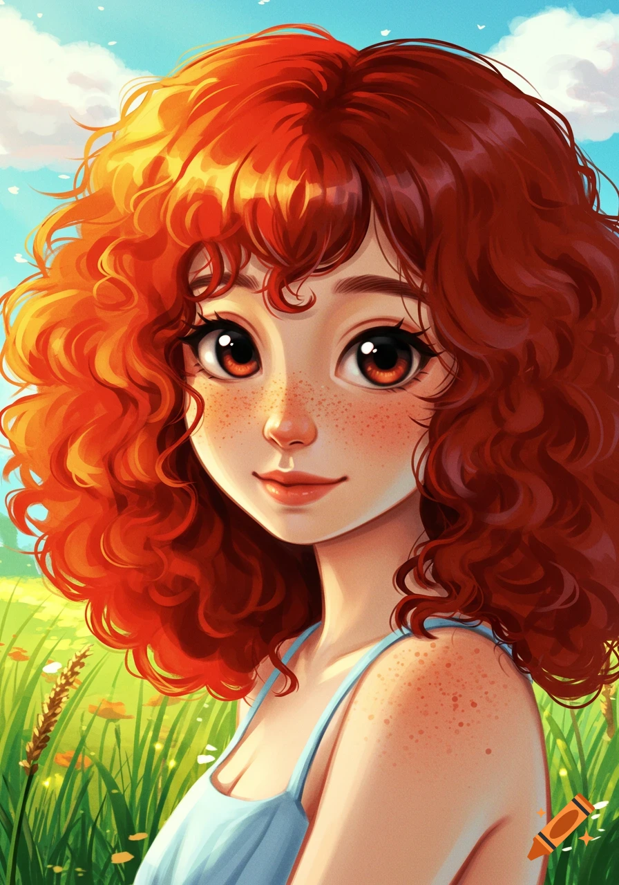 A smiling girl with curly red hair and freckles in a field.