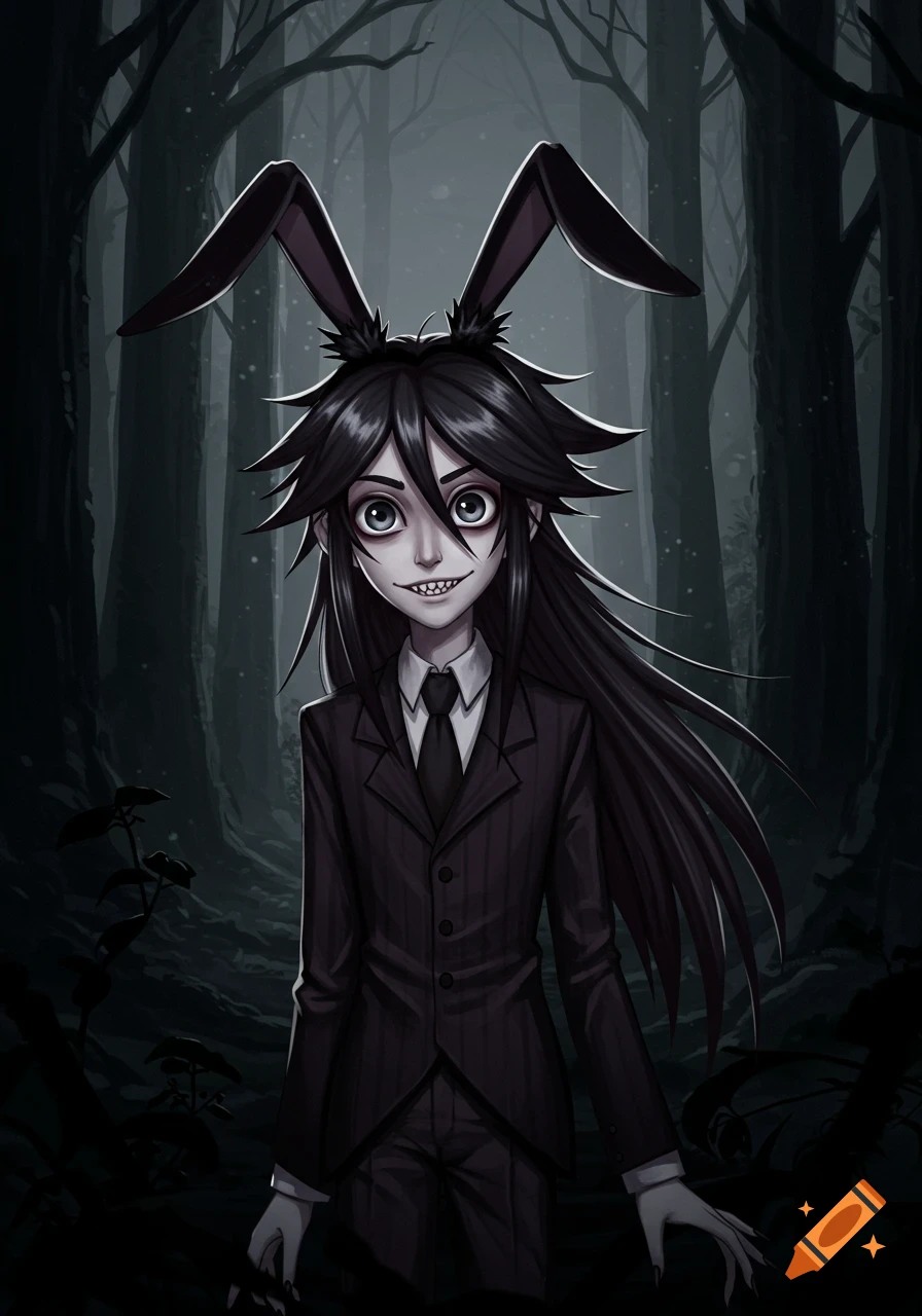 Anime character with bunny ears and suit in a dark forest
