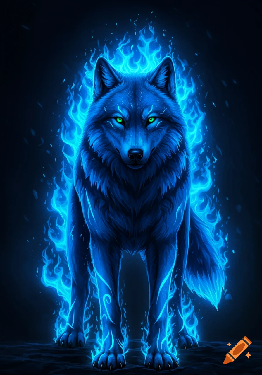 A blue wolf with green eyes stands surrounded by blue flames in an illustration.