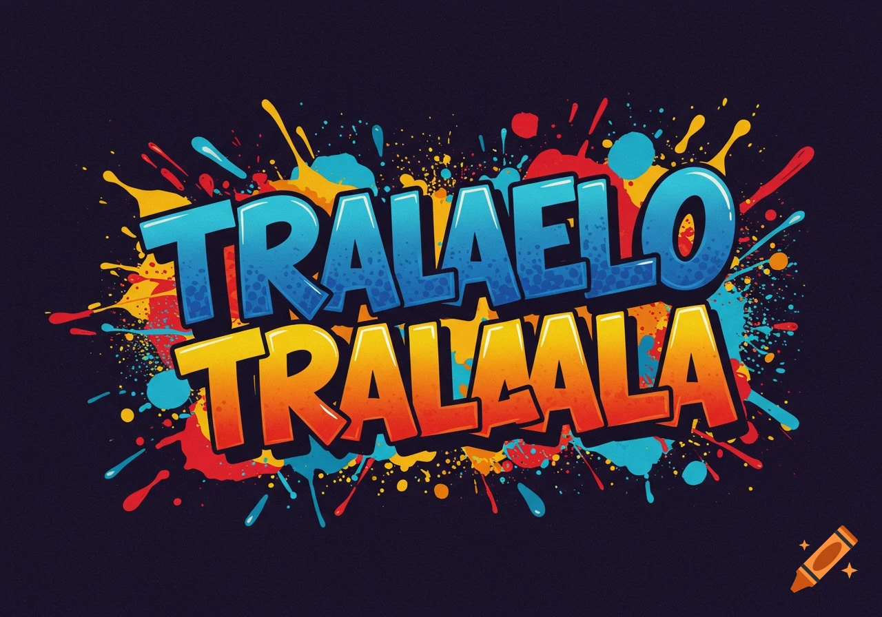 Colorful digital art typography illustration of the words "TRALALELO TRALALALA" with paint splatters.