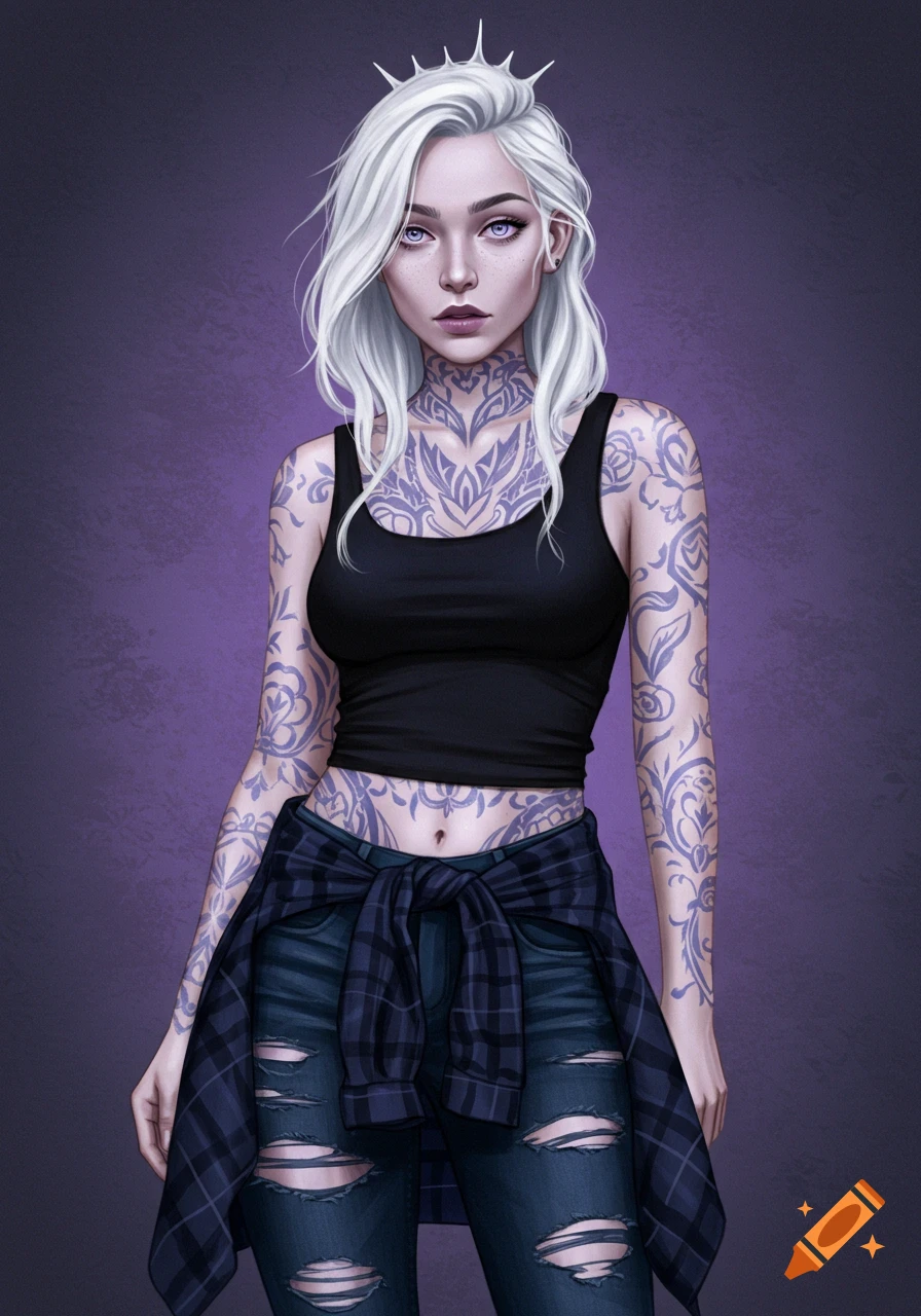 Digital art portrait of a pale woman with white hair, lavender eyes, full body tattoos, tank top, ripped jeans, plaid shirt.