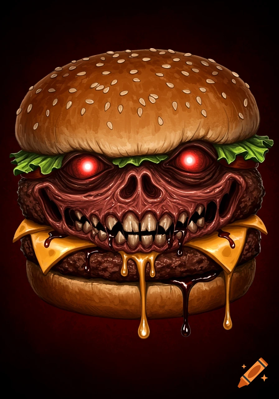 A scary hamburger monster with glowing red eyes, sharp teeth, and dripping cheese.
