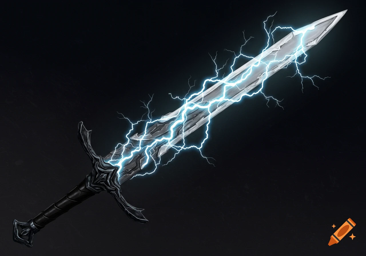A glowing silver and black fantasy sword crackling with blue lightning against a dark background.
