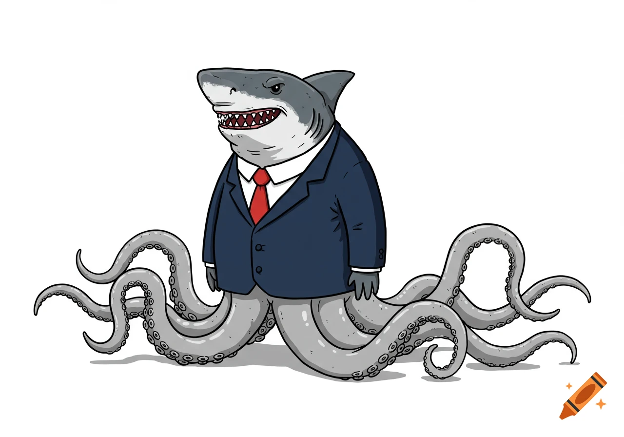 An illustration of a creature with a shark head, human torso in a business suit, and octopus tentacles for legs.