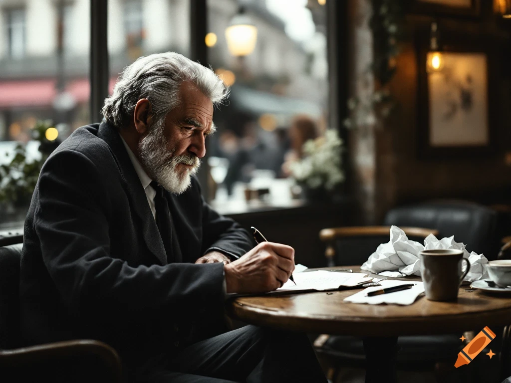 Older man with beard writing at a cafe table with crumpled paper and coffee