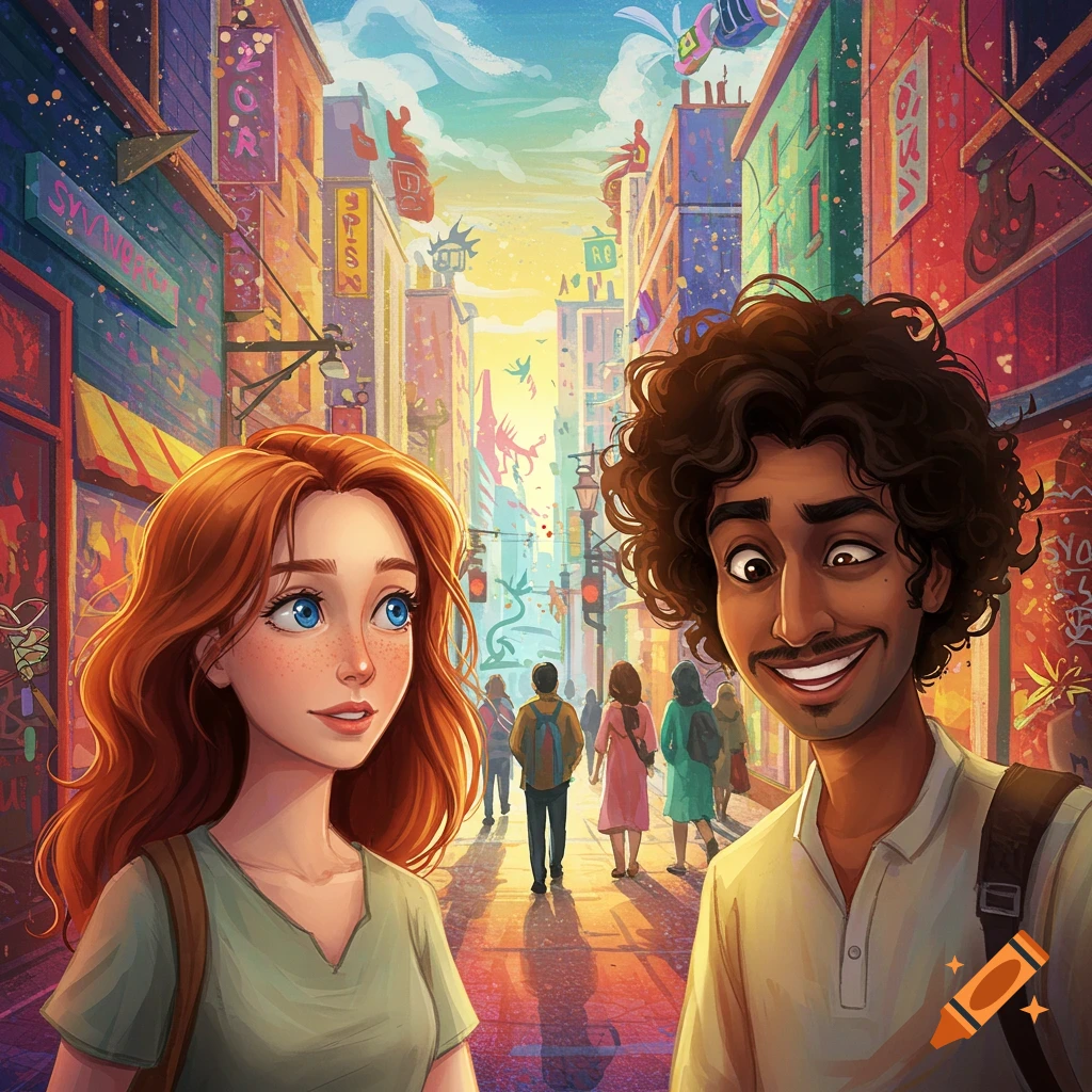 A man and woman smiling in a colorful city street.