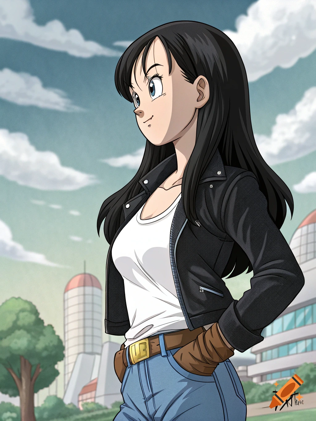 Anime style illustration of Videl from Dragon Ball Z wearing a jacket, jeans, and gloves outdoors.
