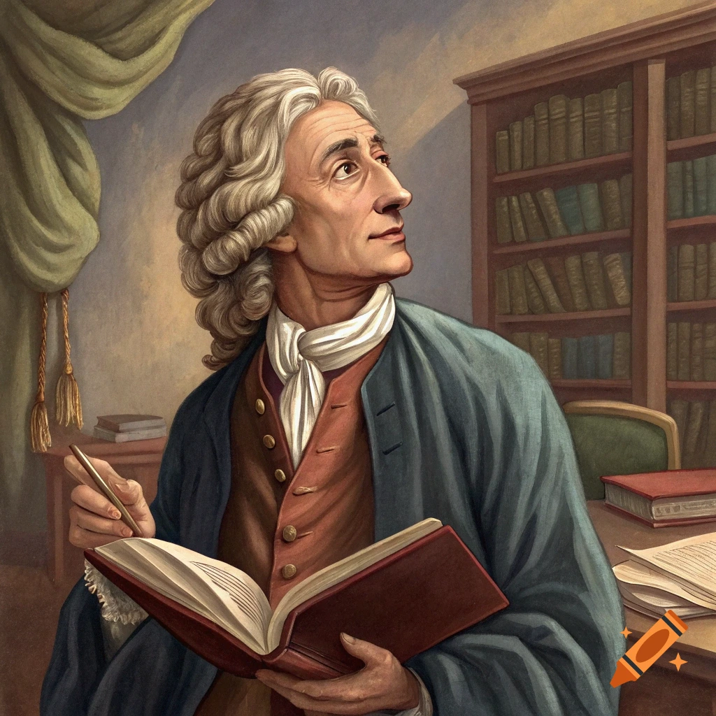 An illustration of a man in historical clothing holding a book and pen in a study.