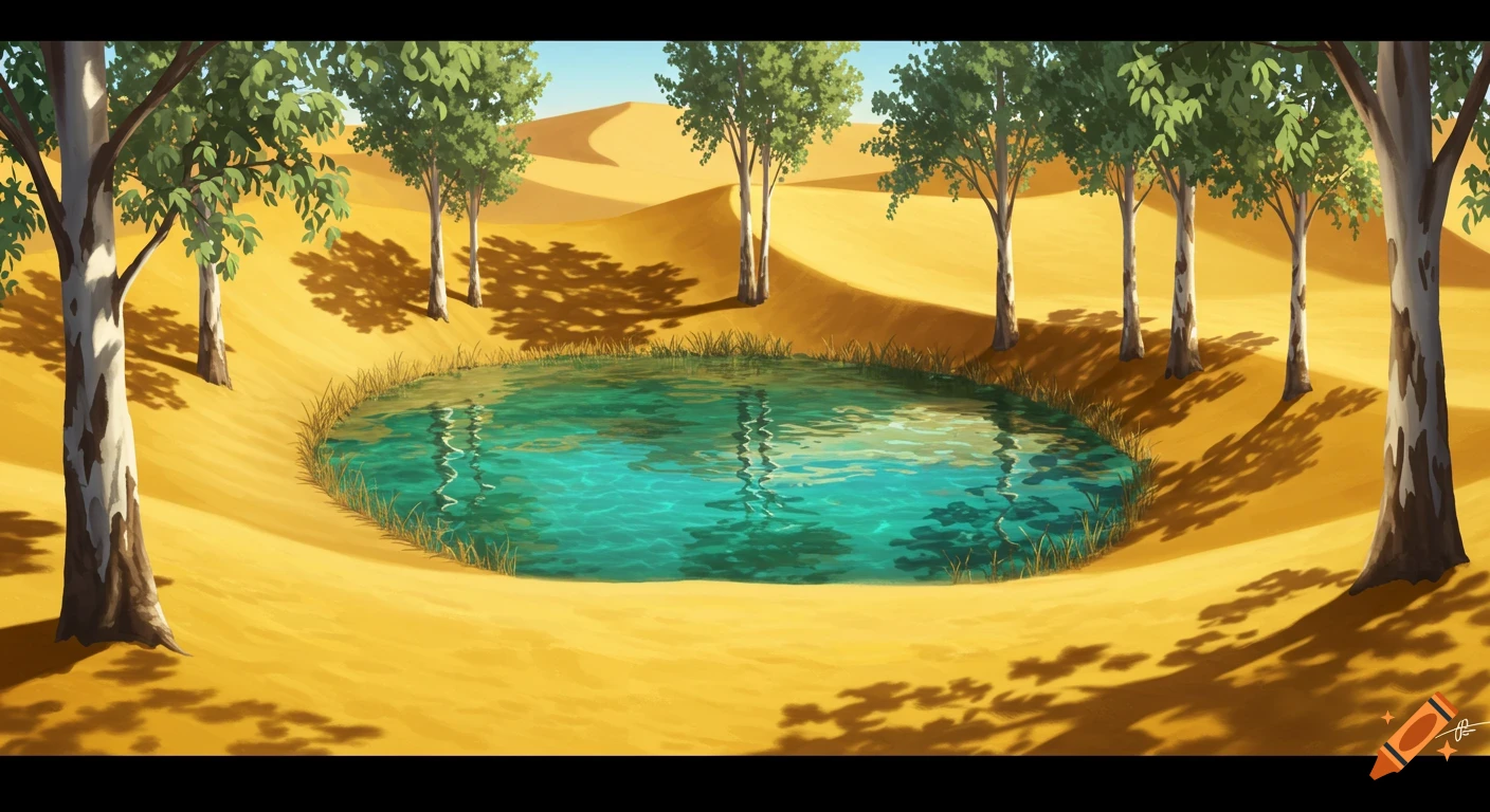 A desert oasis with sand dunes, trees, and a pool of water