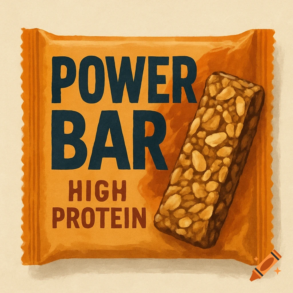An orange granola bar package labeled POWER BAR HIGH PROTEIN with a bar next to it.