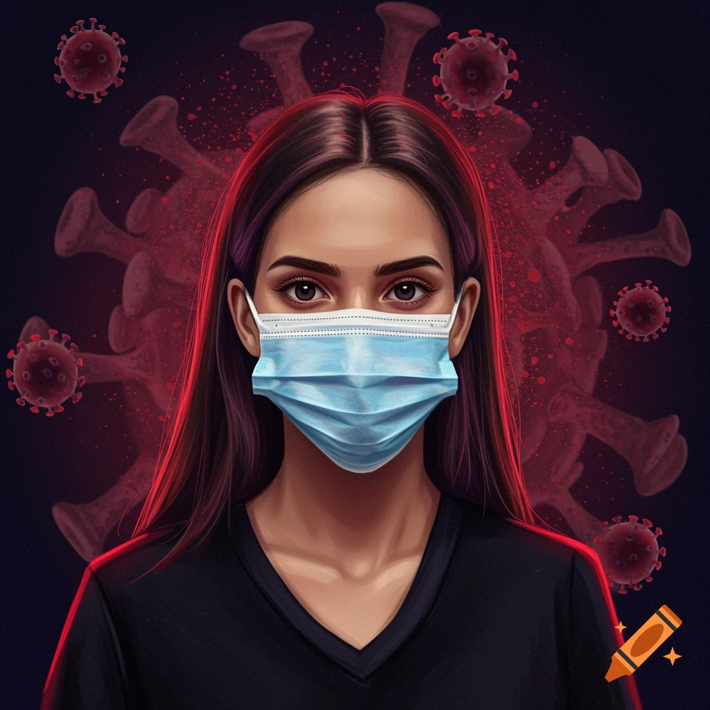 A person wearing a face mask with red virus shapes in the background