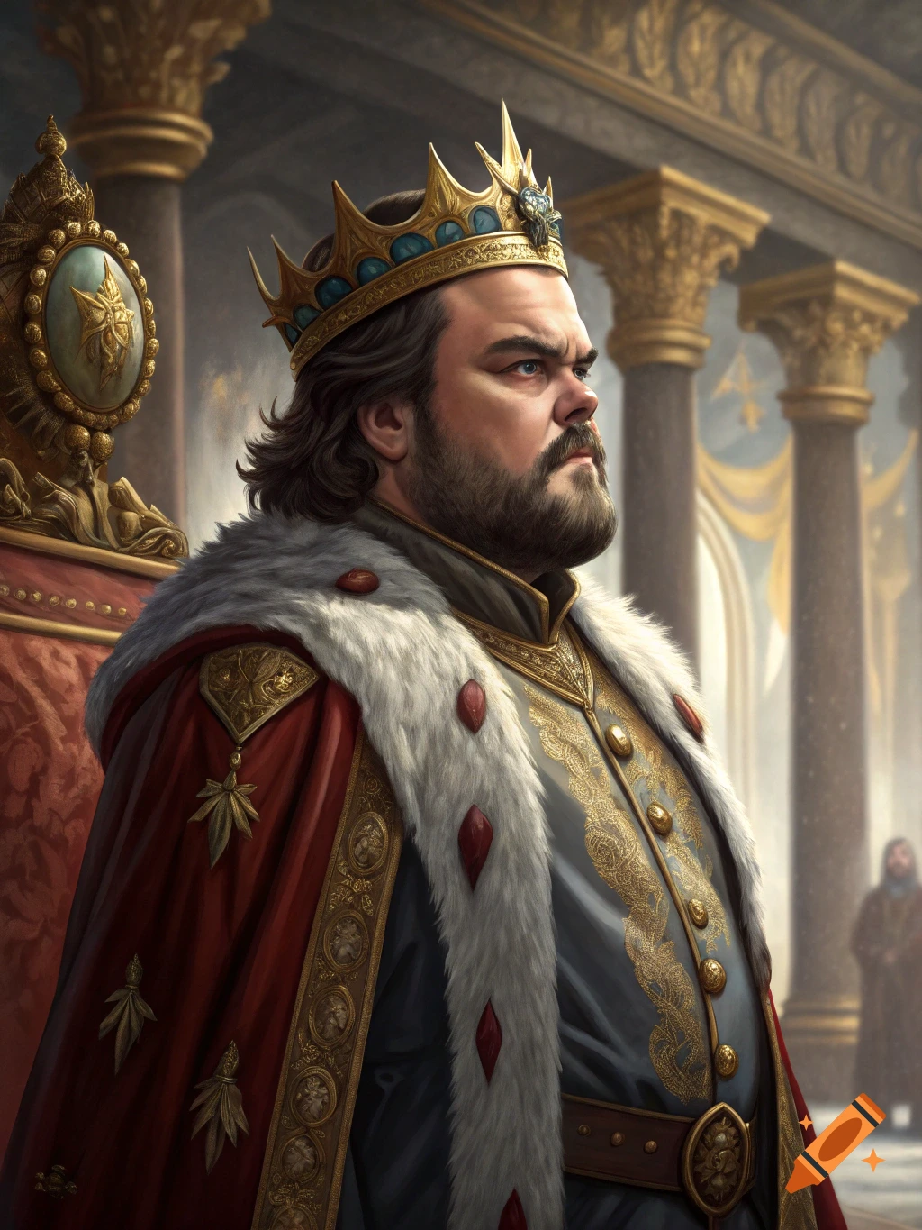 Realistic image of a king resembling Jack Black sitting on a throne