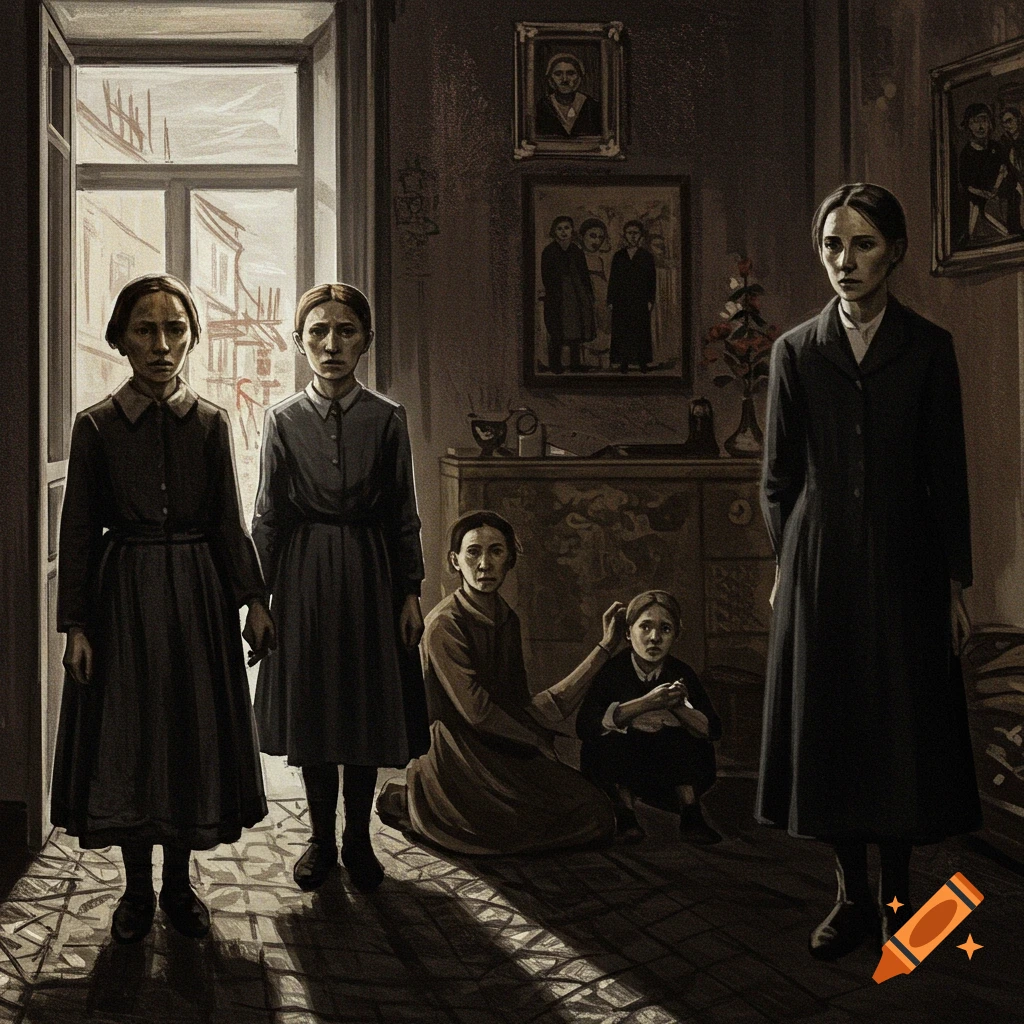 Somber group portrait of women and children in a dimly lit room, in a style resembling charcoal or etching.