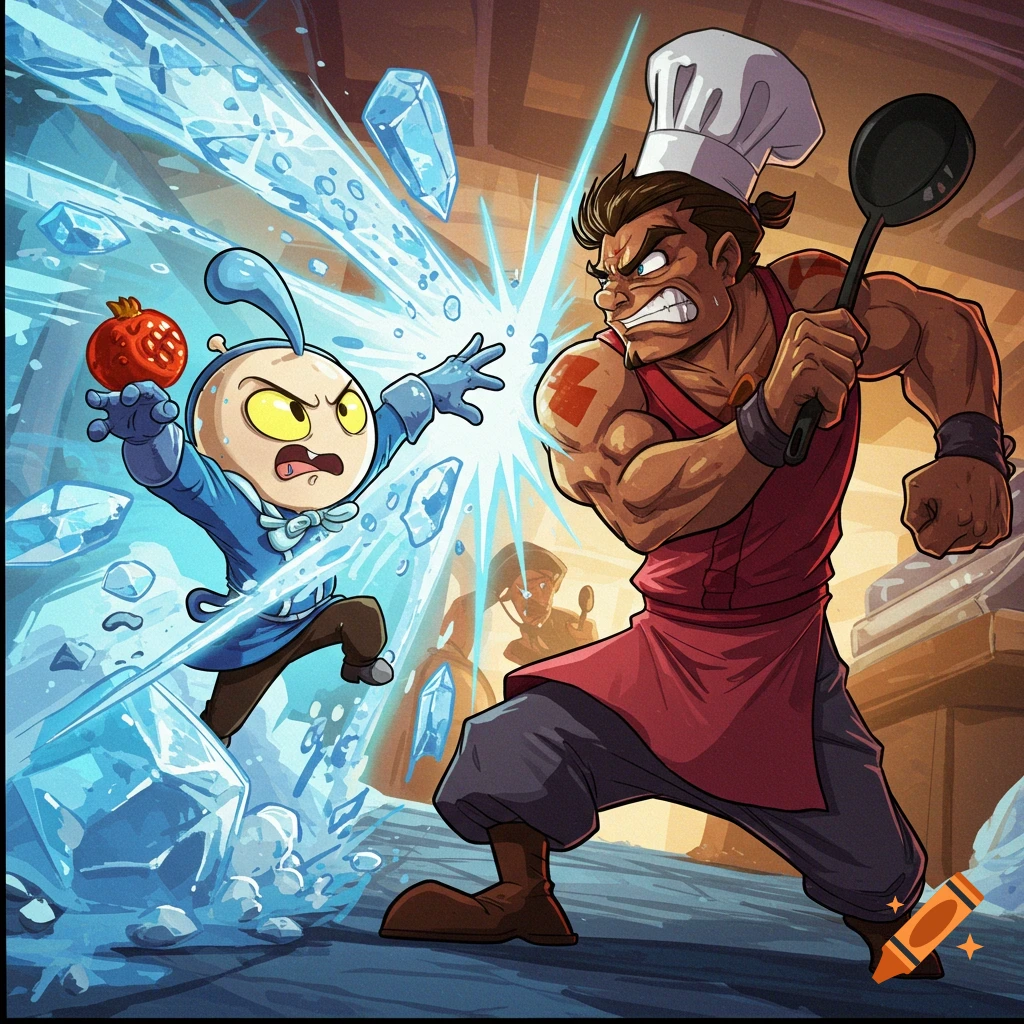 Cartoon characters fighting with ice magic and a pan in a kitchen