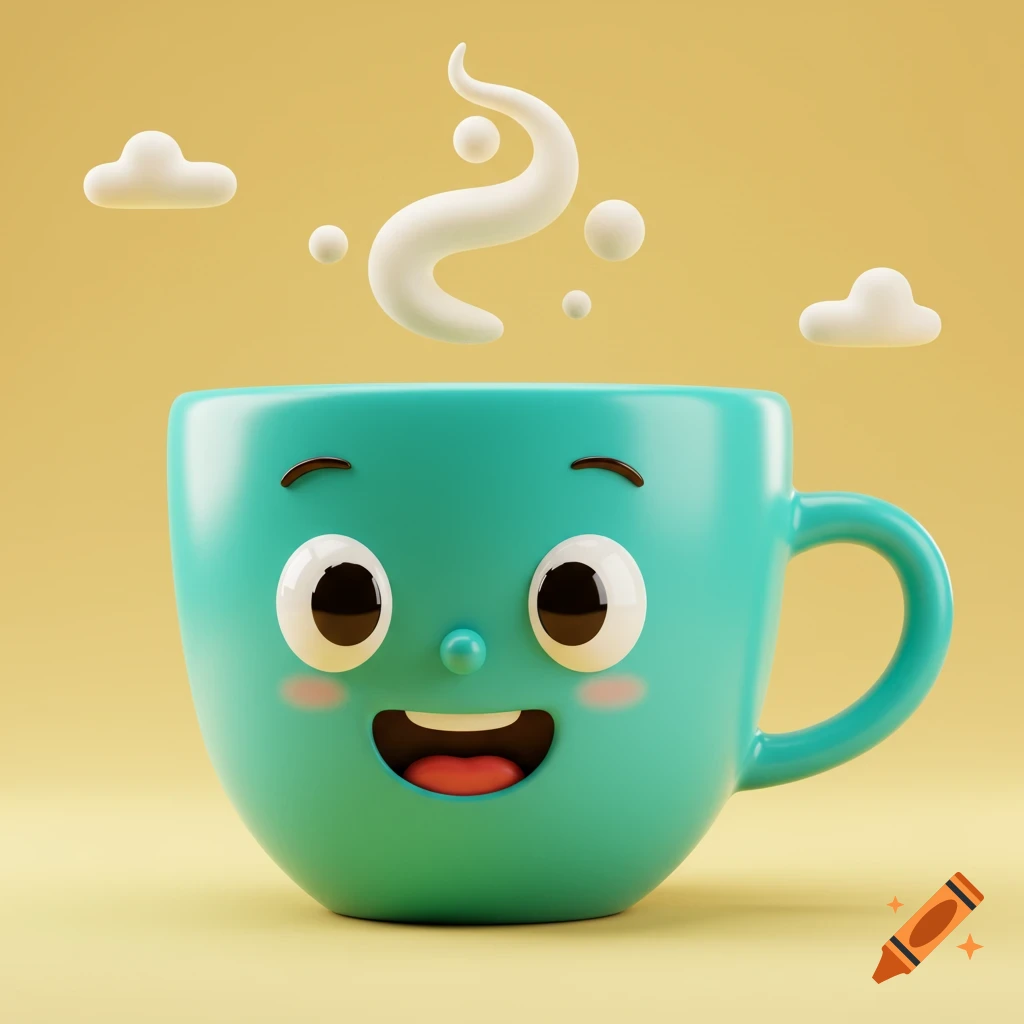 A smiling cartoon teal coffee cup with steam and clouds on a yellow background, 3D render.
