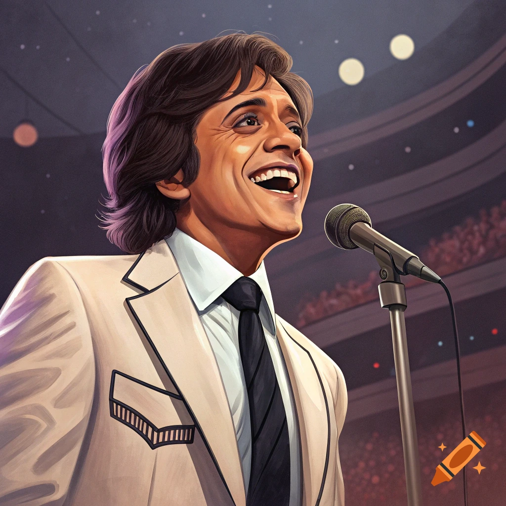 Illustrative portrait of a man in a white suit singing into a microphone on stage.