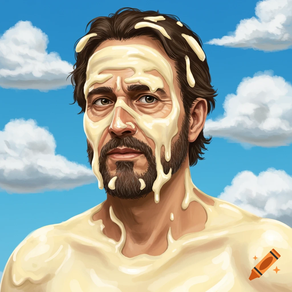 A man's portrait is covered in a creamy yellow substance against a cloudy blue sky.