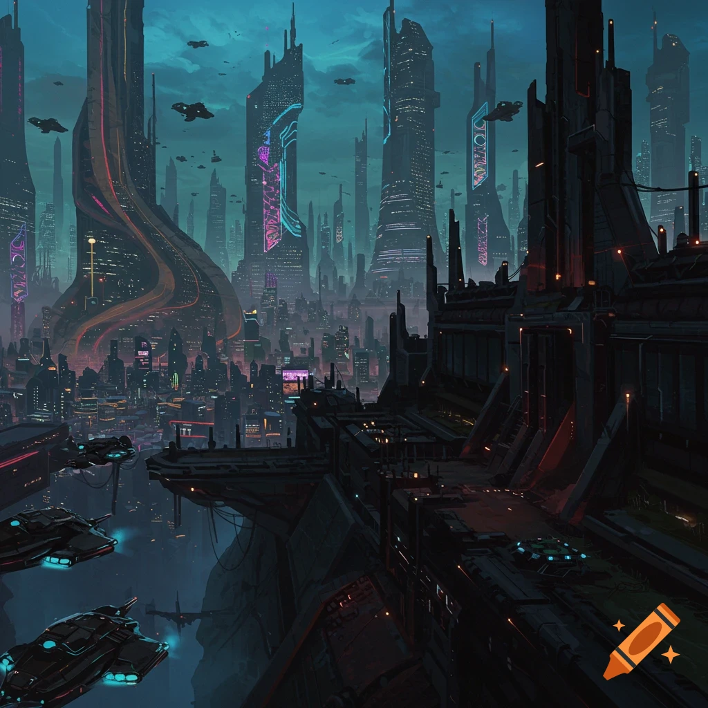 A futuristic cityscape with dark towers, neon lights, and flying ships.