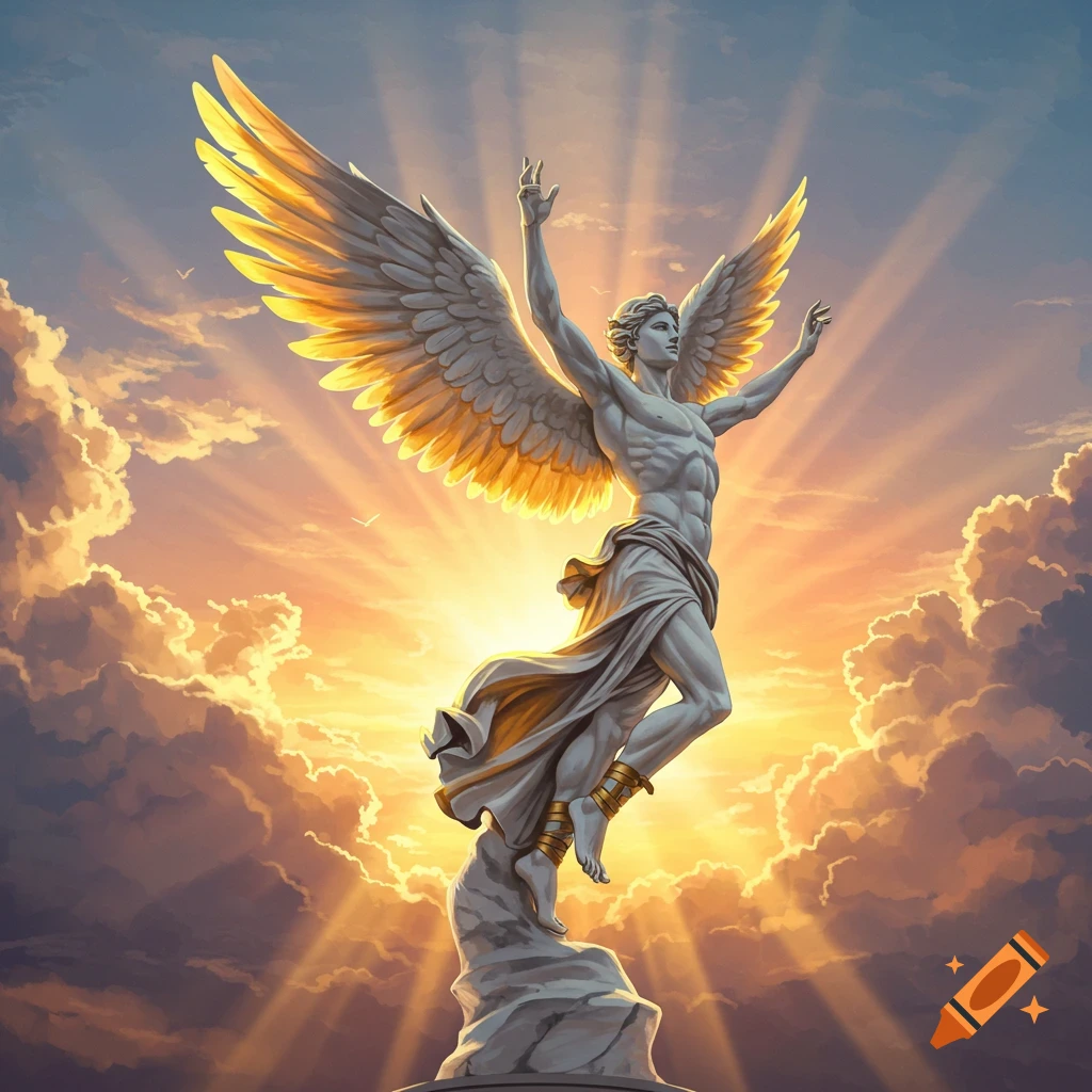 Dynamic statue of an angel soaring with outstretched arms against a dramatic sunset sky.