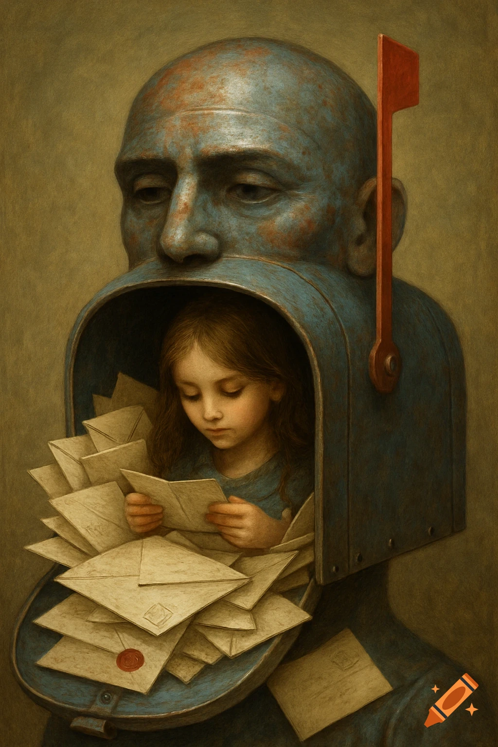 A person's head shaped like a mailbox with a girl inside reading letters.