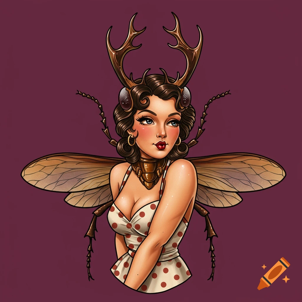 A pin-up style drawing of a woman with beetle antlers, antennae, compound eyes, and wings, wearing a polka dot dress, in a tattoo art style.