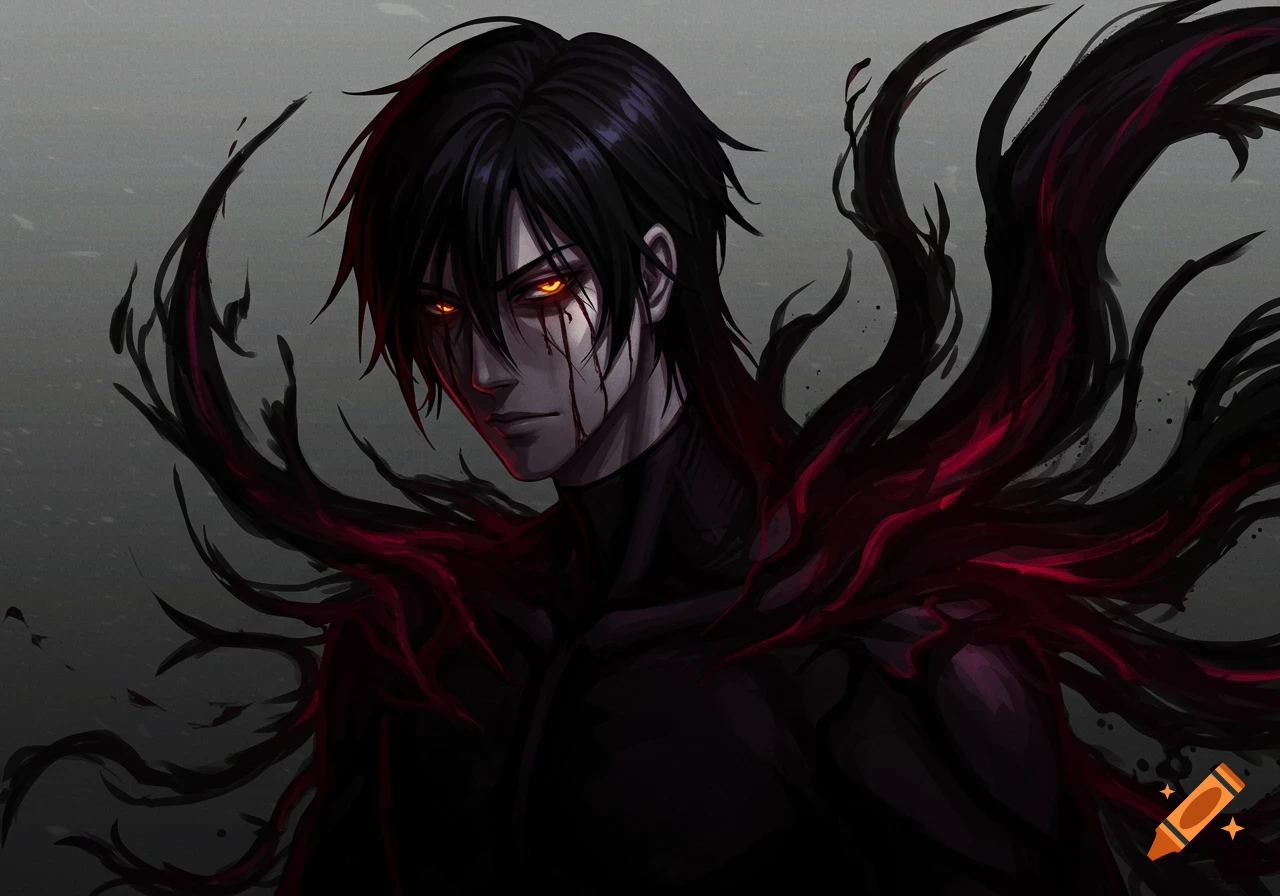 Anime style portrait of a man with glowing eyes and shadow tendrils.