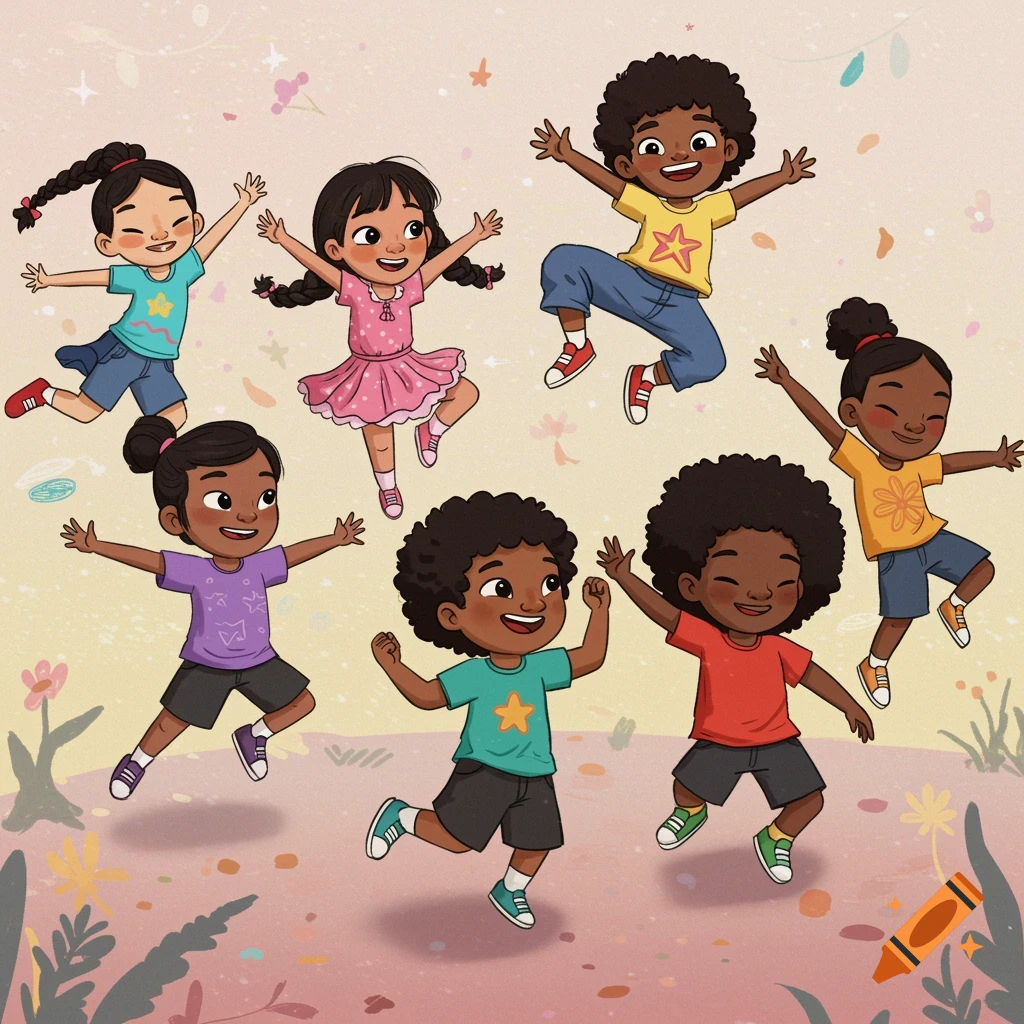 A group of diverse children jumping and dancing joyfully in a whimsical cartoon style.