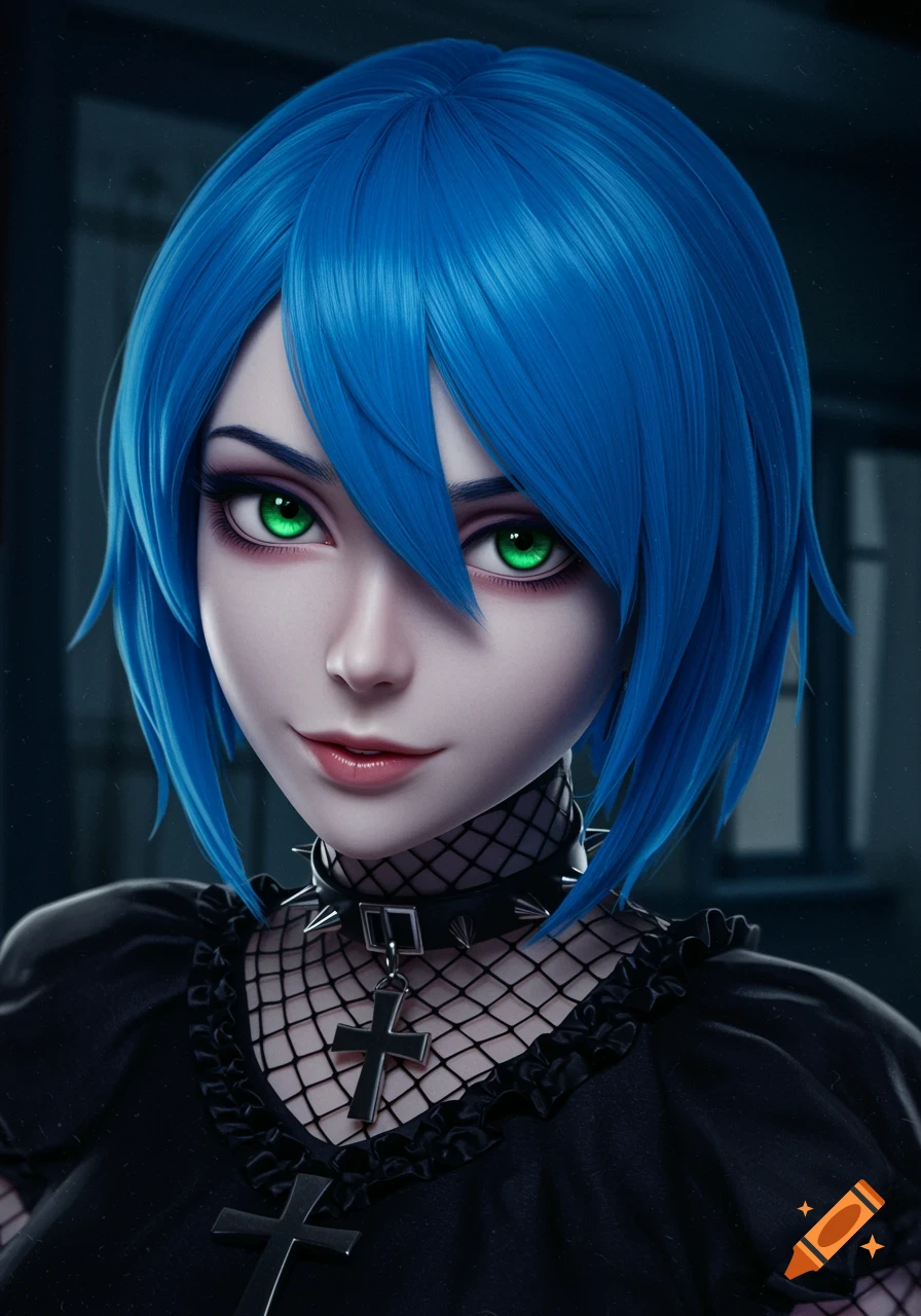 Cinematic portrait of an anime goth girl with blue hair and green eyes, wearing a black fishnet top and cross necklace