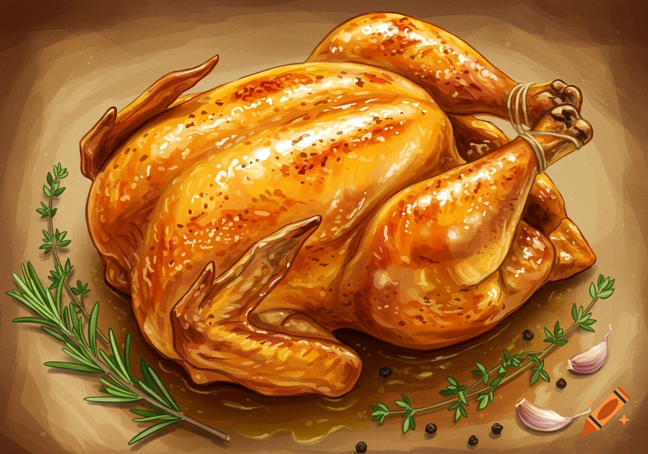 A roasted chicken with herbs and garlic cloves.