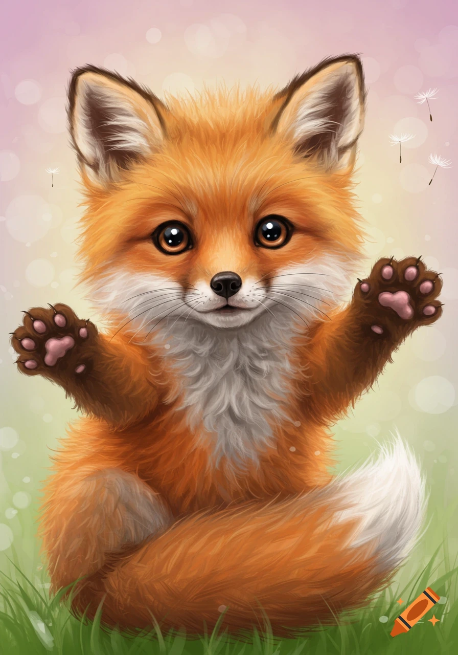 A cute baby fox raises its paws.