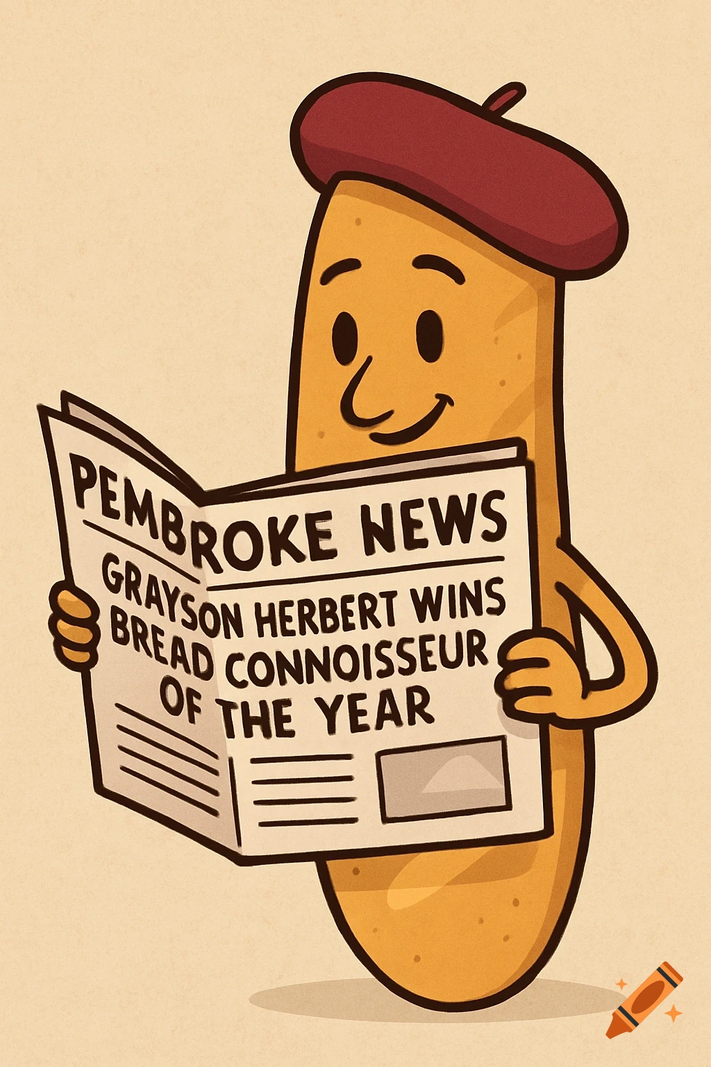 Cartoon of a baguette wearing a red beret and reading a newspaper.