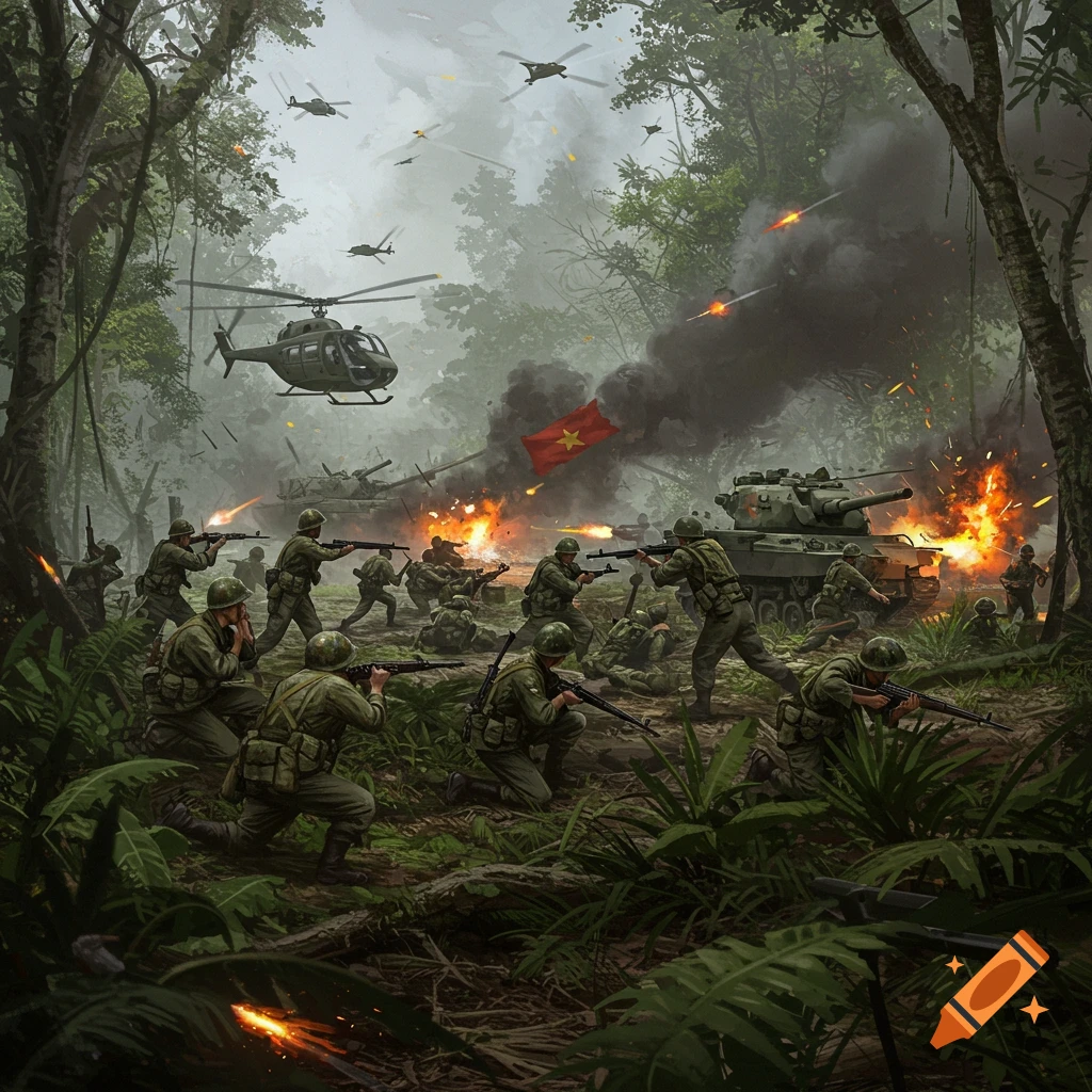 Soldiers fight in a jungle battlefield during the Vietnam War with tanks and helicopters.