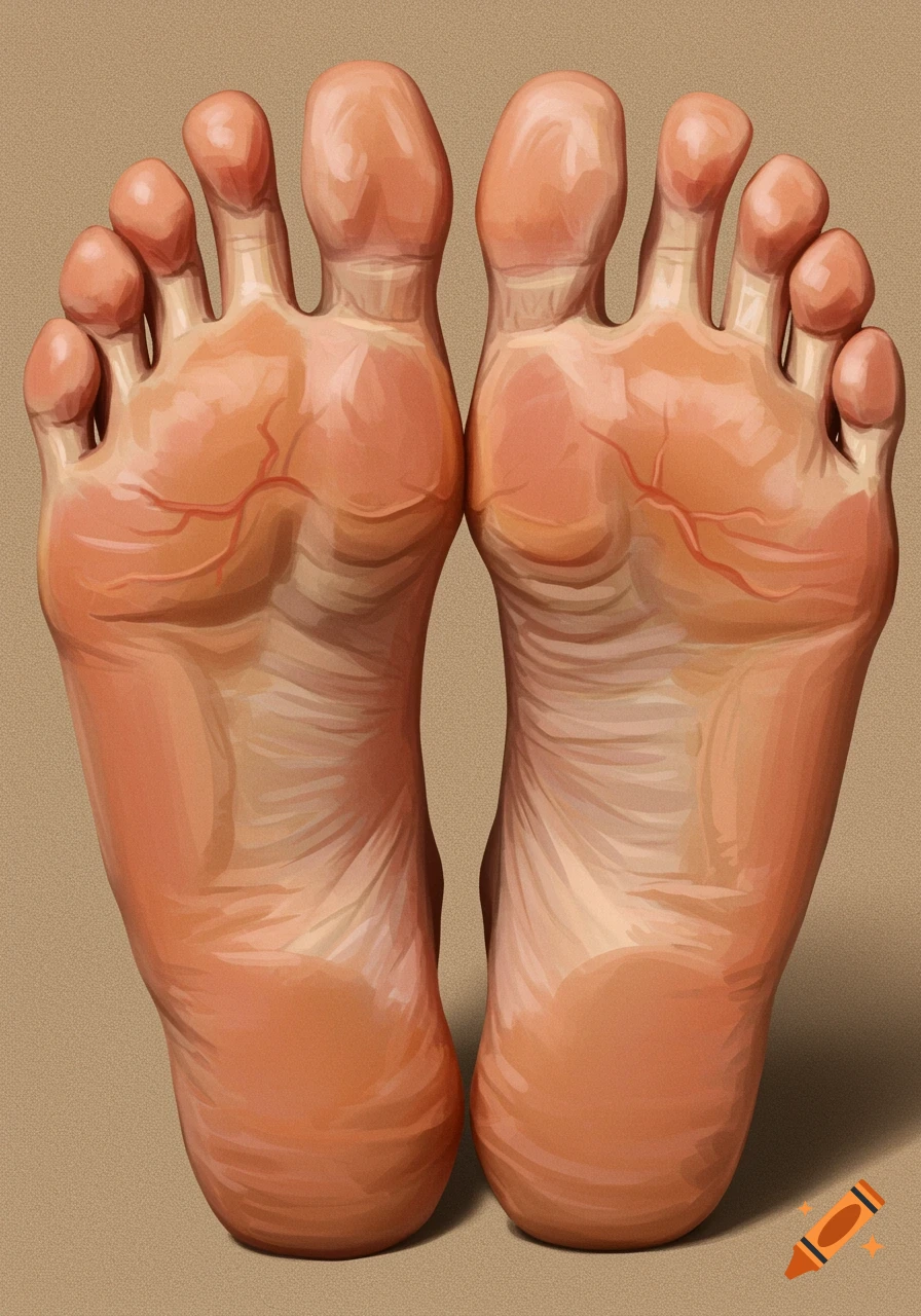 A close-up detail view of the soles of two feet