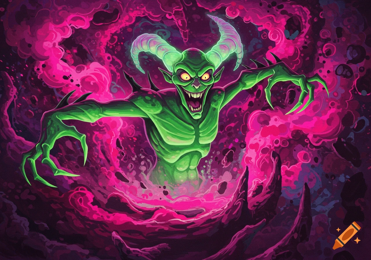 A green demon with glowing eyes and horns emerges from pink smoke.
