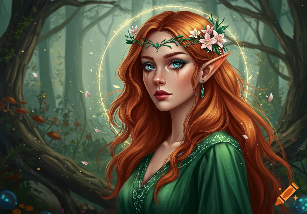 An elf woman stands in a forest with a glowing halo.