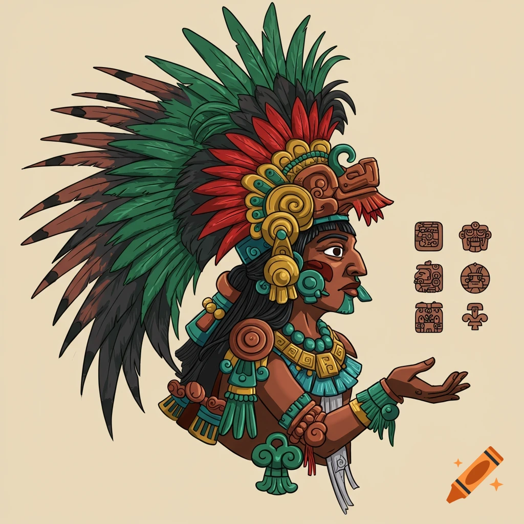 Illustration of a Mayan figure with a feathered headdress and elaborate jewelry, holding out a hand, with symbols to the side.