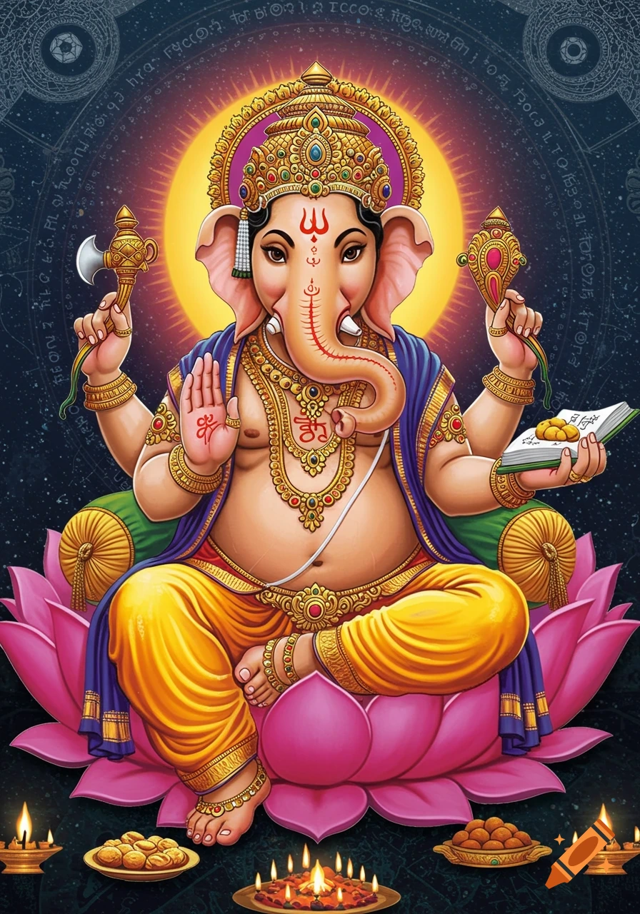 The Hindu god Ganesha is depicted sitting on a lotus, holding an axe, sweets, and a book.
