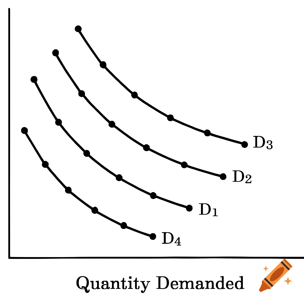 Black and white graph showing four downward sloping demand curves labeled D1, D2, D3, D4. The x-axis is labeled Quantity Demanded.