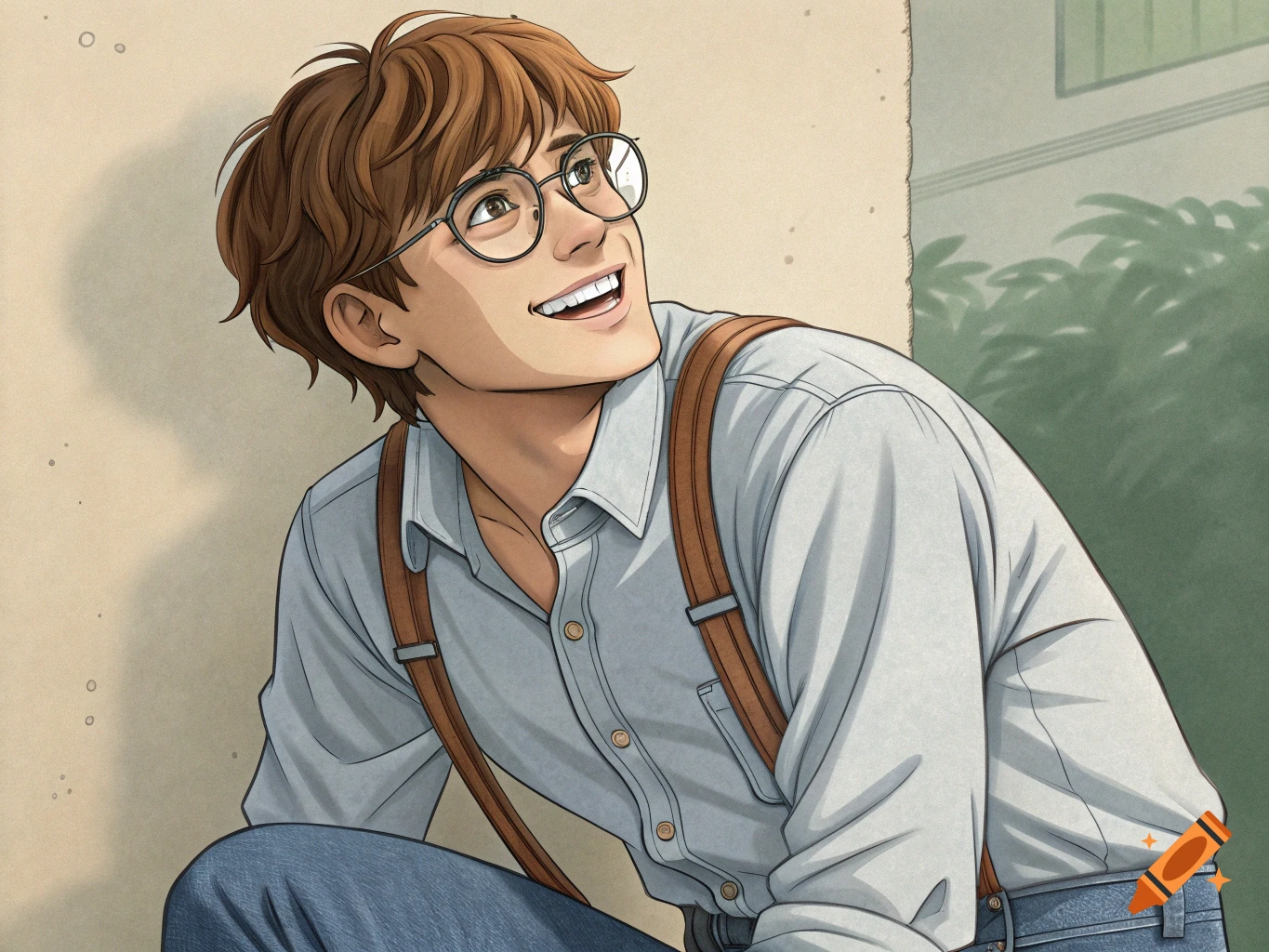 Illustration of a young man with brown hair and glasses, smiling and looking up.