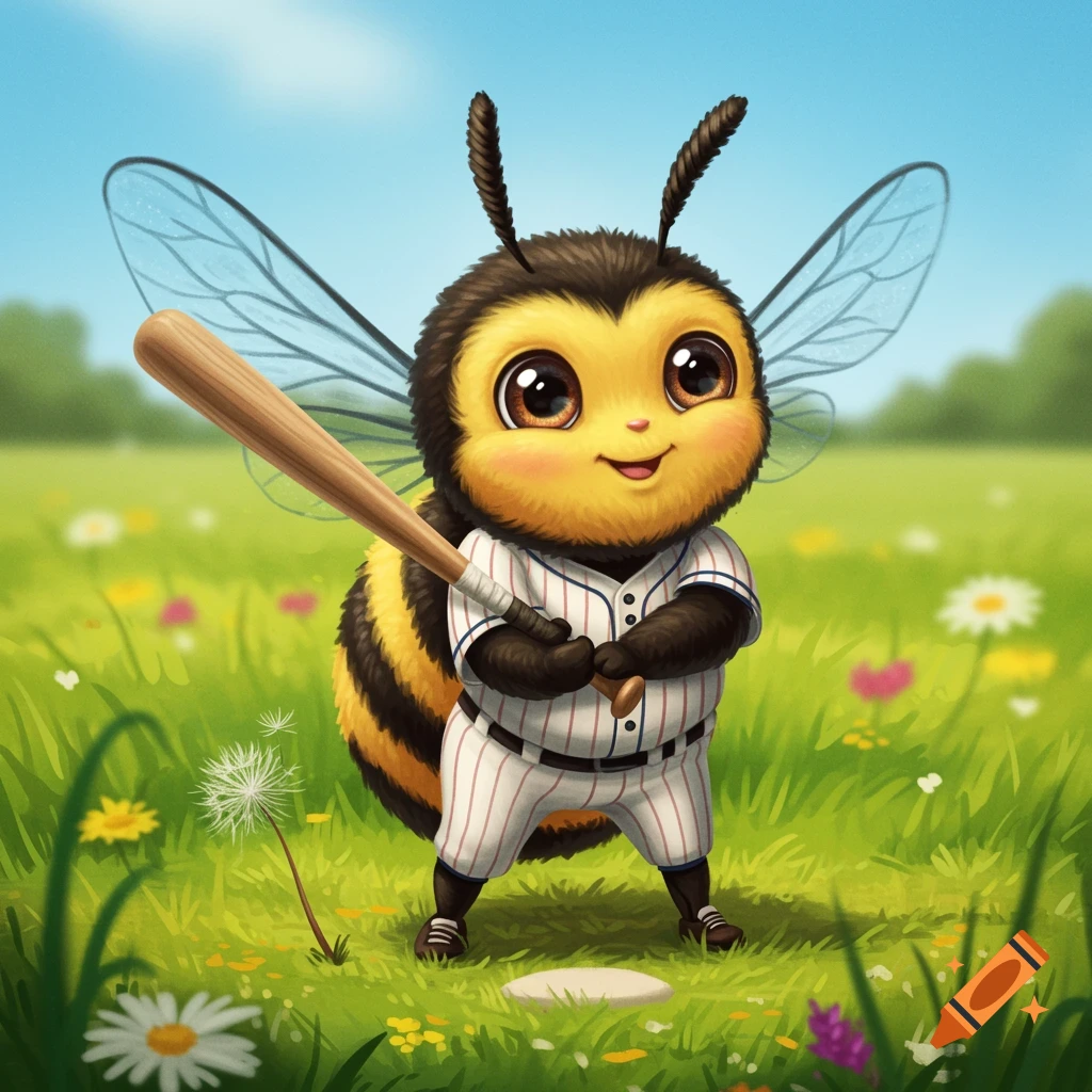 A whimsical image of a cute bee in a baseball uniform holding a bat in a sunny meadow.
