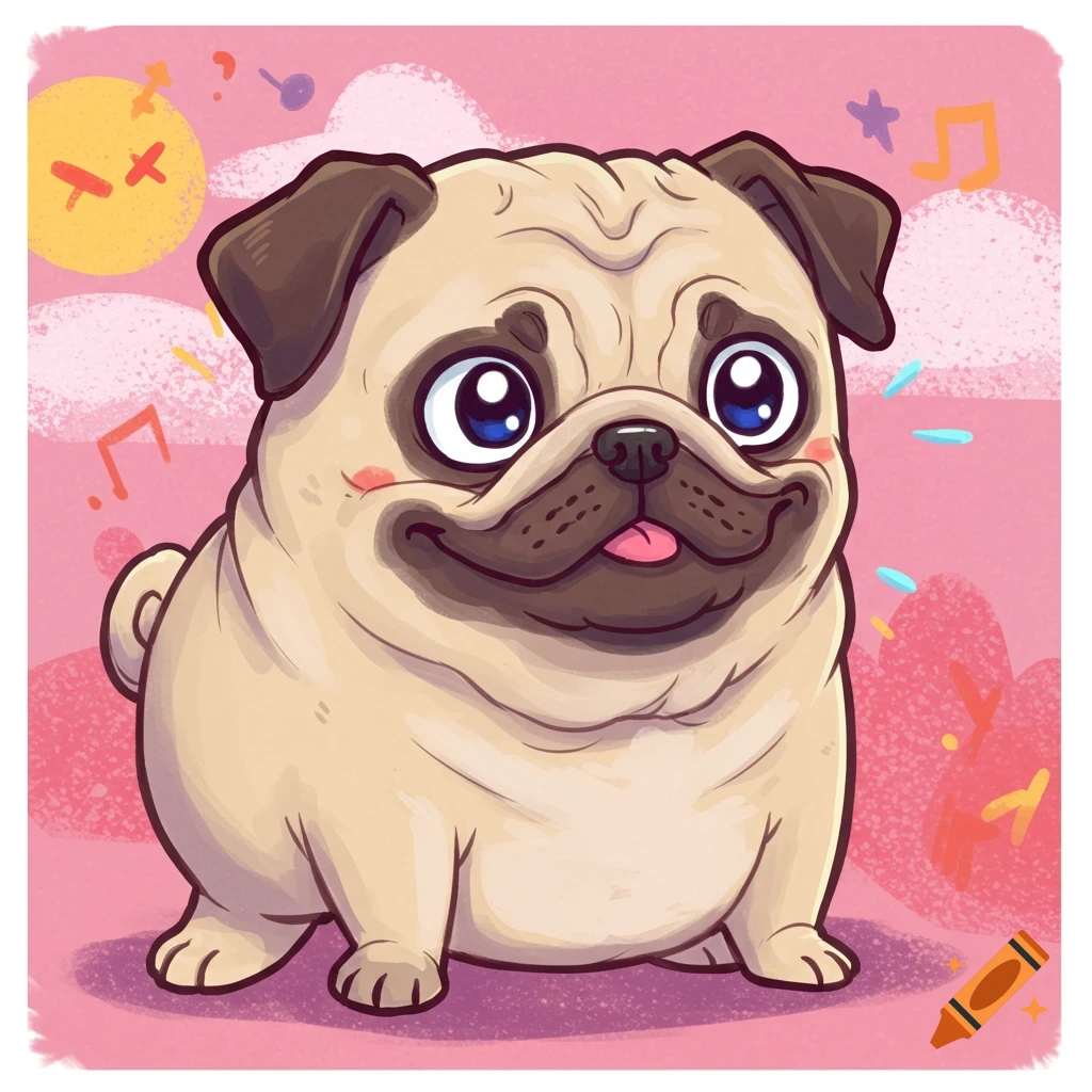 A cartoon pug with big eyes smiles happily against a pink background with musical notes and shapes.