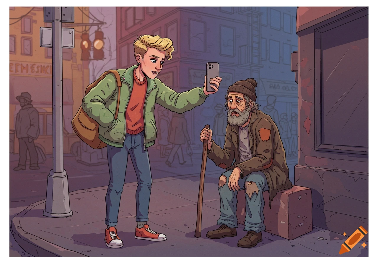 Illustration of a young person taking a photo of a homeless person on a city street.