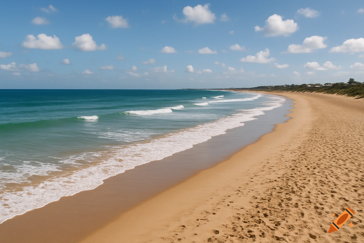 Photorealistic image of a sandy beach, ocean waves, and a blue sky with clouds.