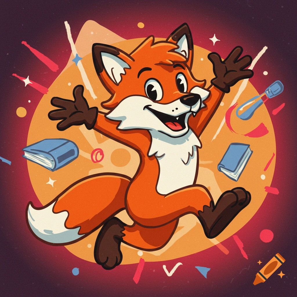 Cartoon fox mascot jumping happily with books and confetti