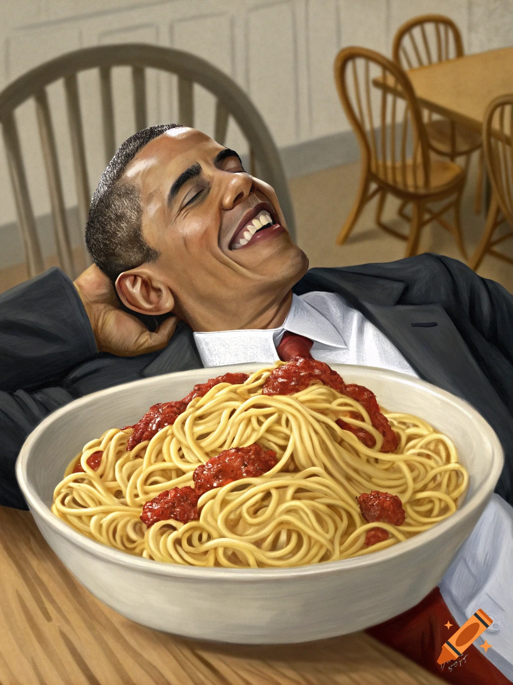 Caricature of Barack Obama laughing in a large bowl of spaghetti