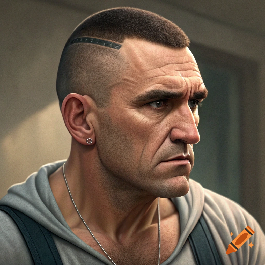 Close-up portrait of a man with a short buzz cut featuring shaved lines, wearing a grey hoodie and necklace.