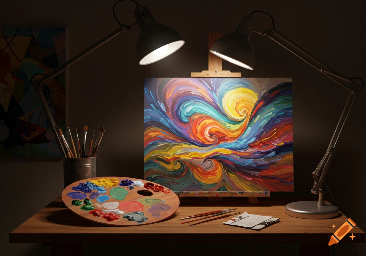 An artist's desk with a palette of paints, brushes, lamps, and a colorful abstract painting on an easel.