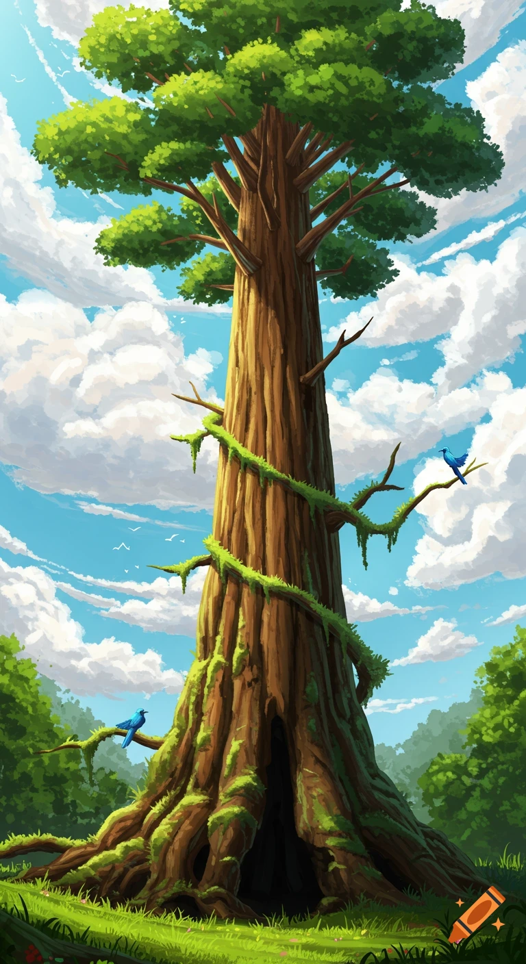A tall tree with birds and clouds.