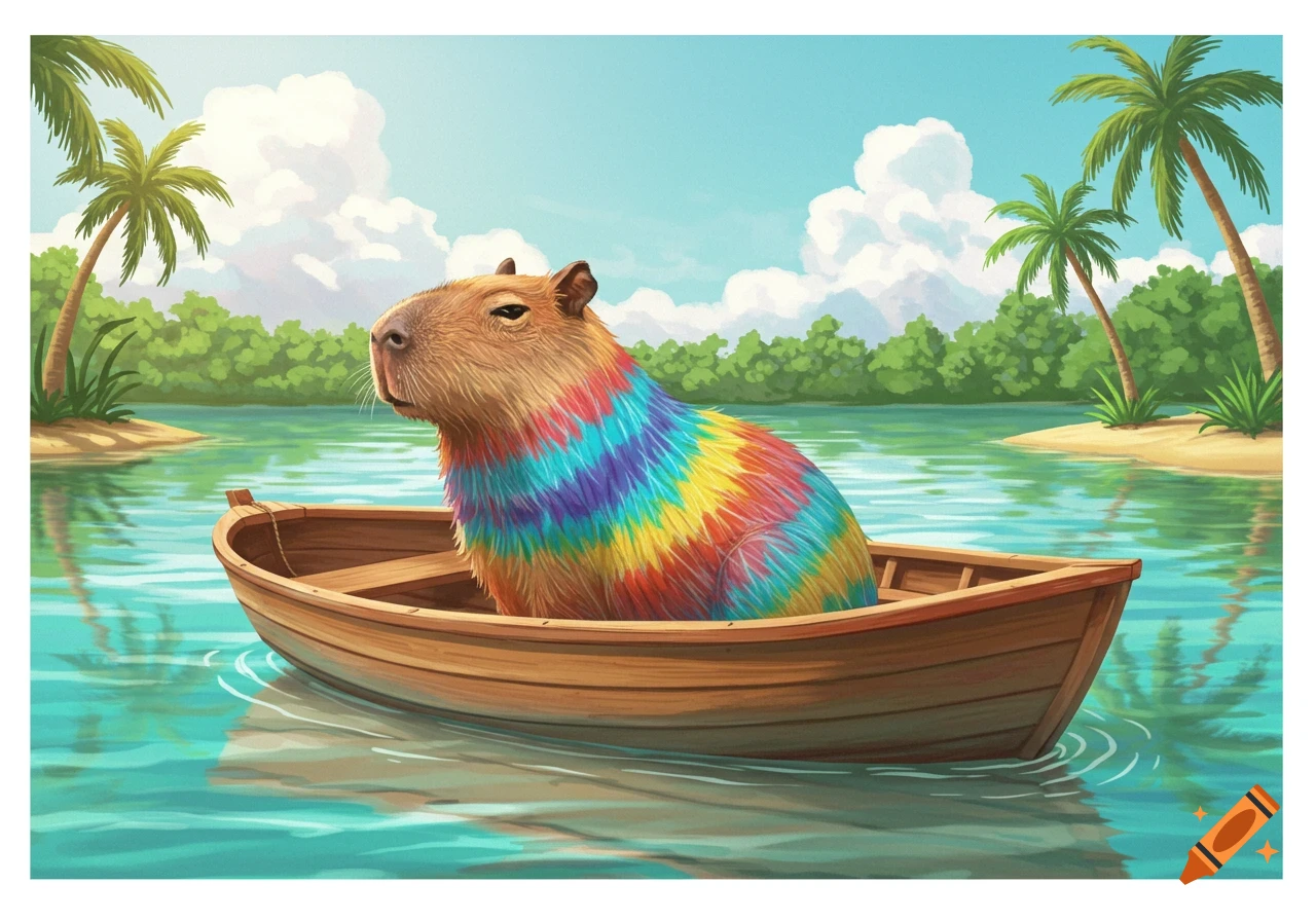 A tie-dye capybara sits in a boat on a lake with palm trees.